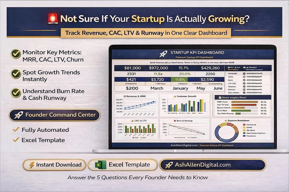 Startup KPI Dashboard Excel Template | Track MRR, CAC, LTV & Runway